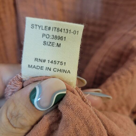 100% Cotton Shirt Button Down Tie Front Long Balloon Sleeve Size Medium - Picture 11 of 11